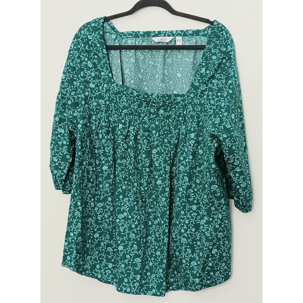 Denim & Co. Blouse Womens 3X Printed Square Neck Pleating Detail Aqua Preowned